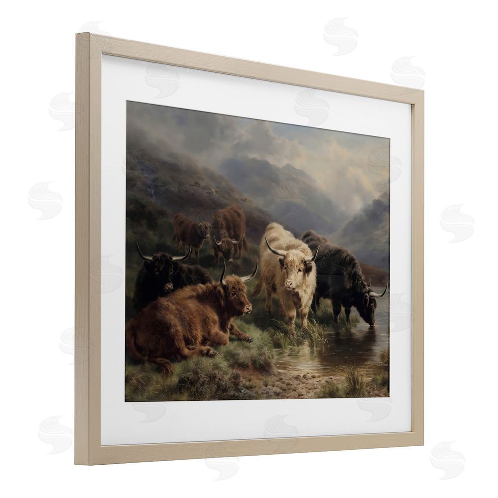 Arlington Prints Highland Cows Beside Misty Loch Brown Framed Print Under Glass Wall Art