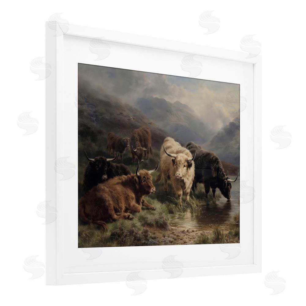 Arlington Prints Highland Cows Beside Misty Loch White Framed Print Under Glass Wall Art