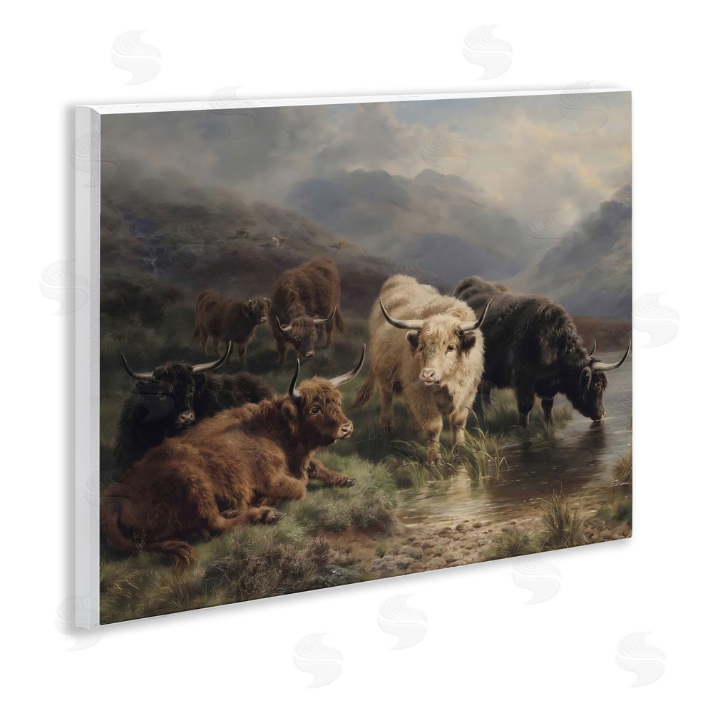 Arlington Prints Highland Cows Beside Misty Loch Wall Plaque Home Decor Art Print