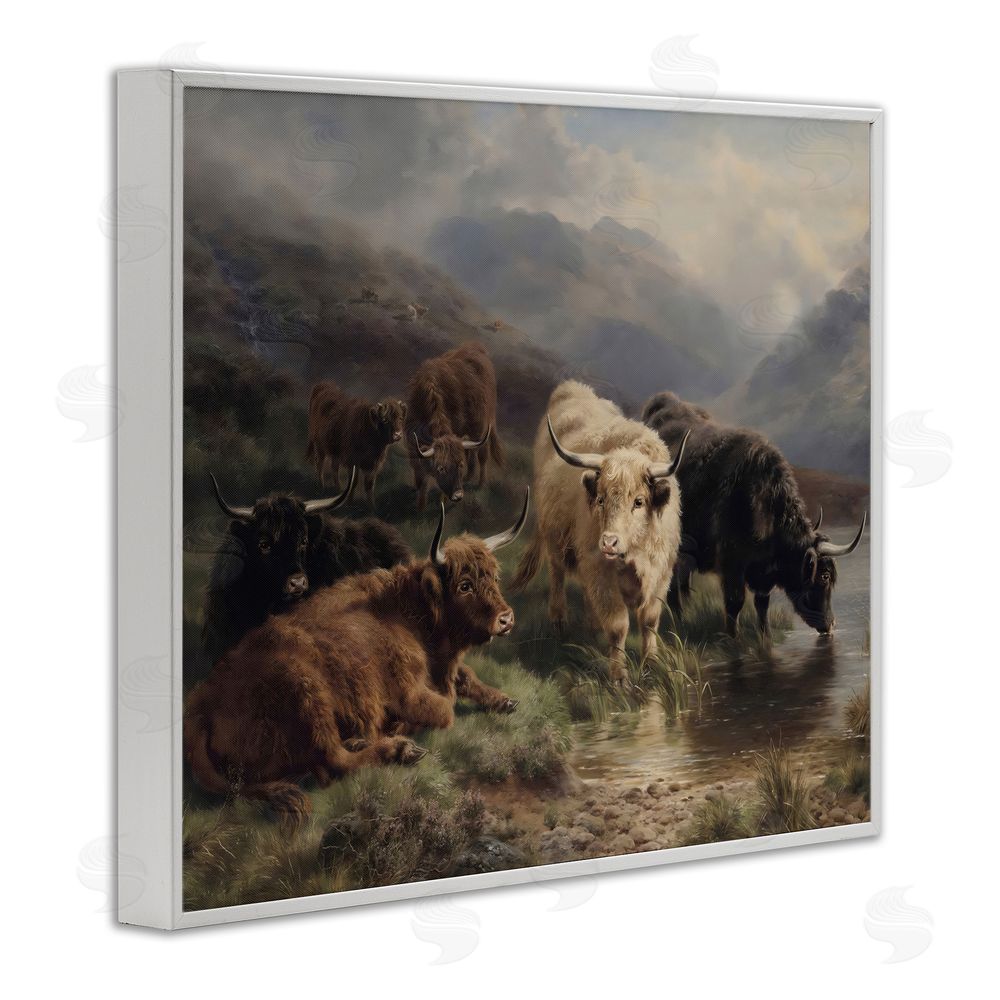 Arlington Prints Highland Cows Beside Misty Loch White Framed Giclee Wall Art