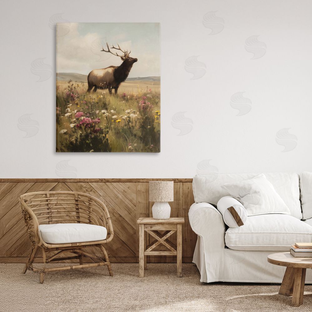 Arlington Prints Elk in the Wildflower Meadow Stretched Canvas Wall Art in Room