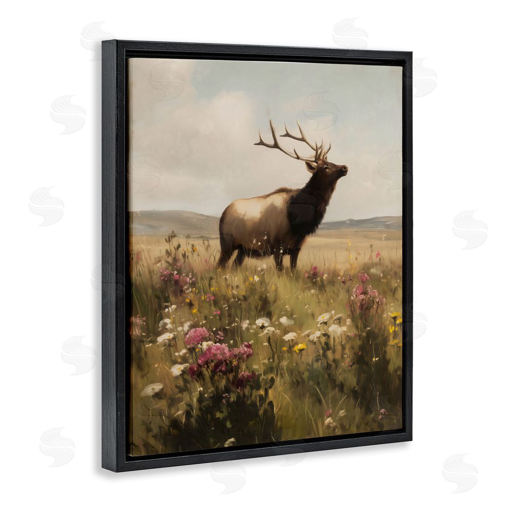 Arlington Prints Elk in the Wildflower Meadow Black Floating Framed Canvas Wall Art
