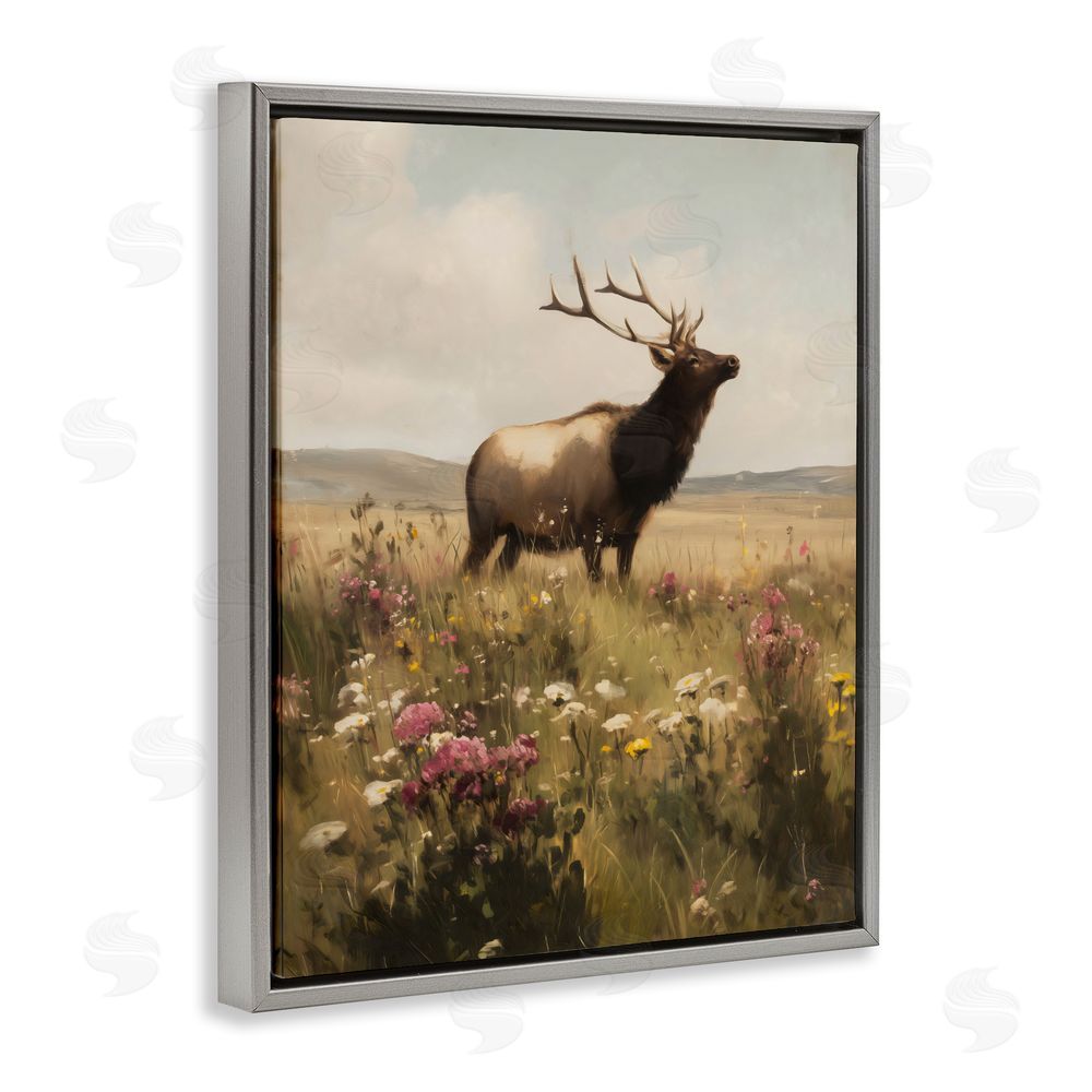 Arlington Prints Elk in the Wildflower Meadow Gray Floating Framed Canvas Wall Art