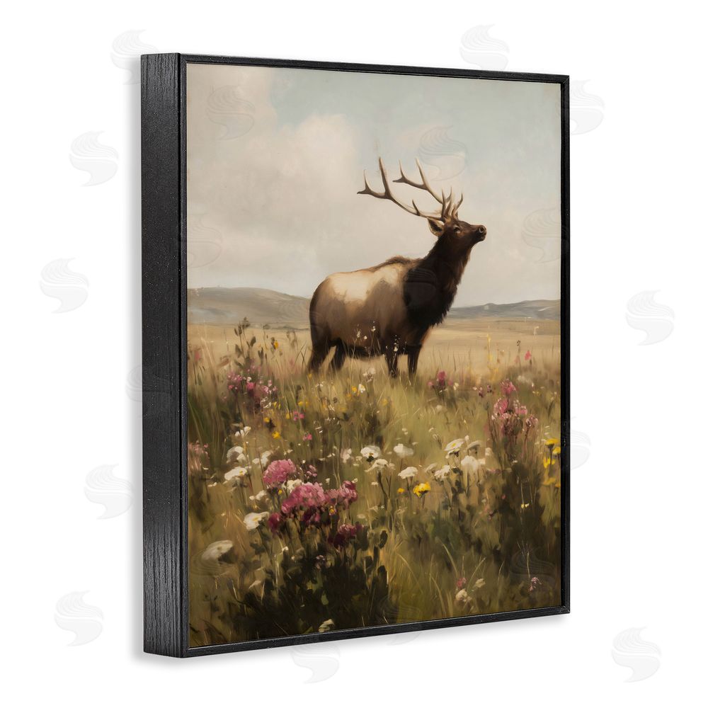 Arlington Prints Elk in the Wildflower Meadow Black Framed Giclee Wall Art