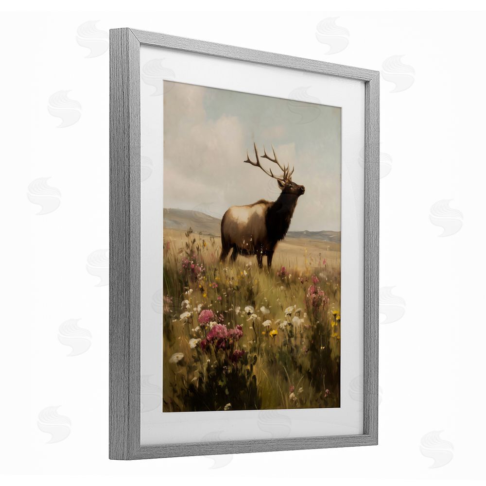 Arlington Prints Elk in the Wildflower Meadow Gray Framed Print Under Glass Wall Art