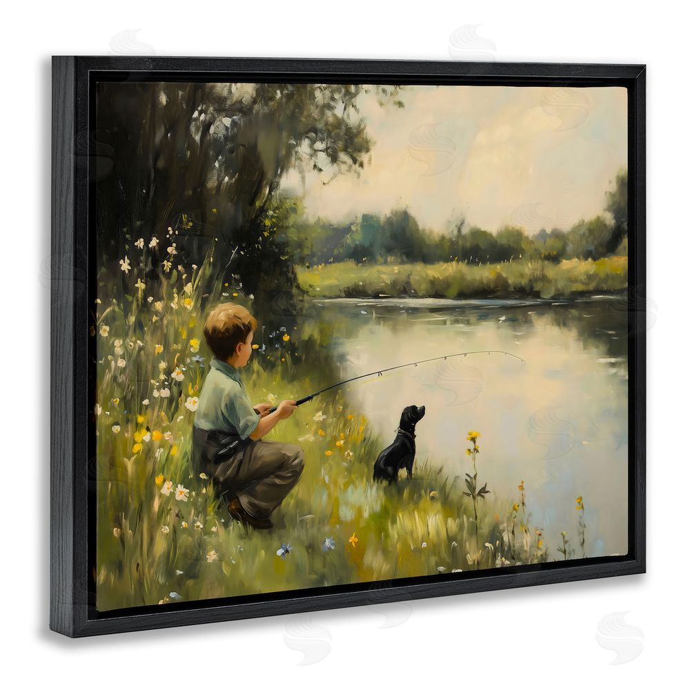 Arlington Prints Boy & Puppy Fishing Black Floating Frame Canvas Wall Art Print