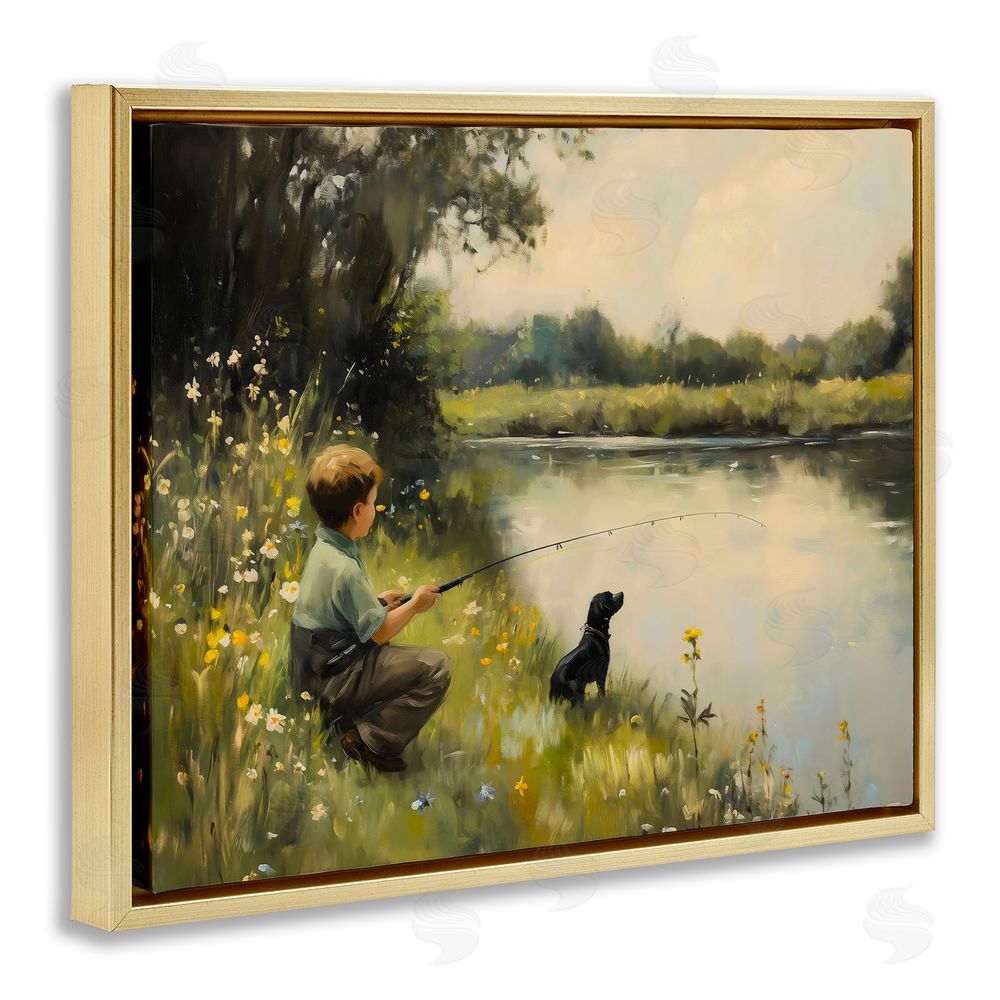 Arlington Prints Boy & Puppy Fishing Gold Floating Frame Canvas Wall Art Print