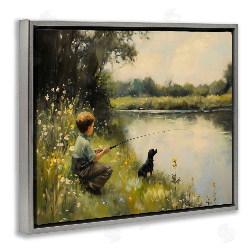 Arlington Prints Boy & Puppy Fishing Gray Floating Frame Canvas Wall Art Print