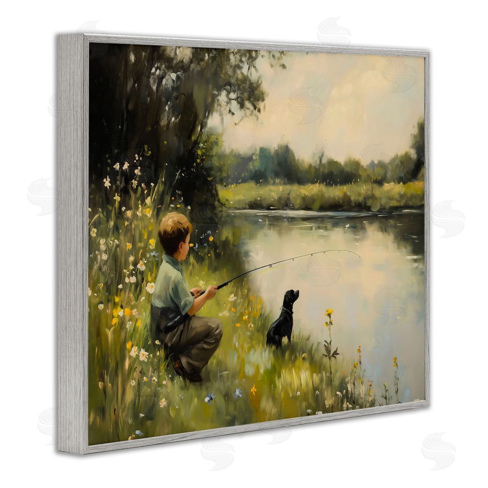 Arlington Prints Boy & Puppy Fishing Gray Framed Giclee Print Wall Art