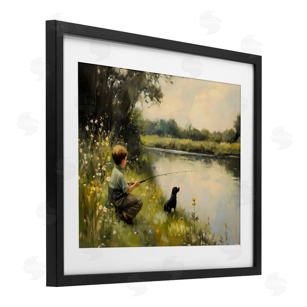Arlington Prints Boy & Puppy Fishing Black Framed Print Under Glass Wall Art