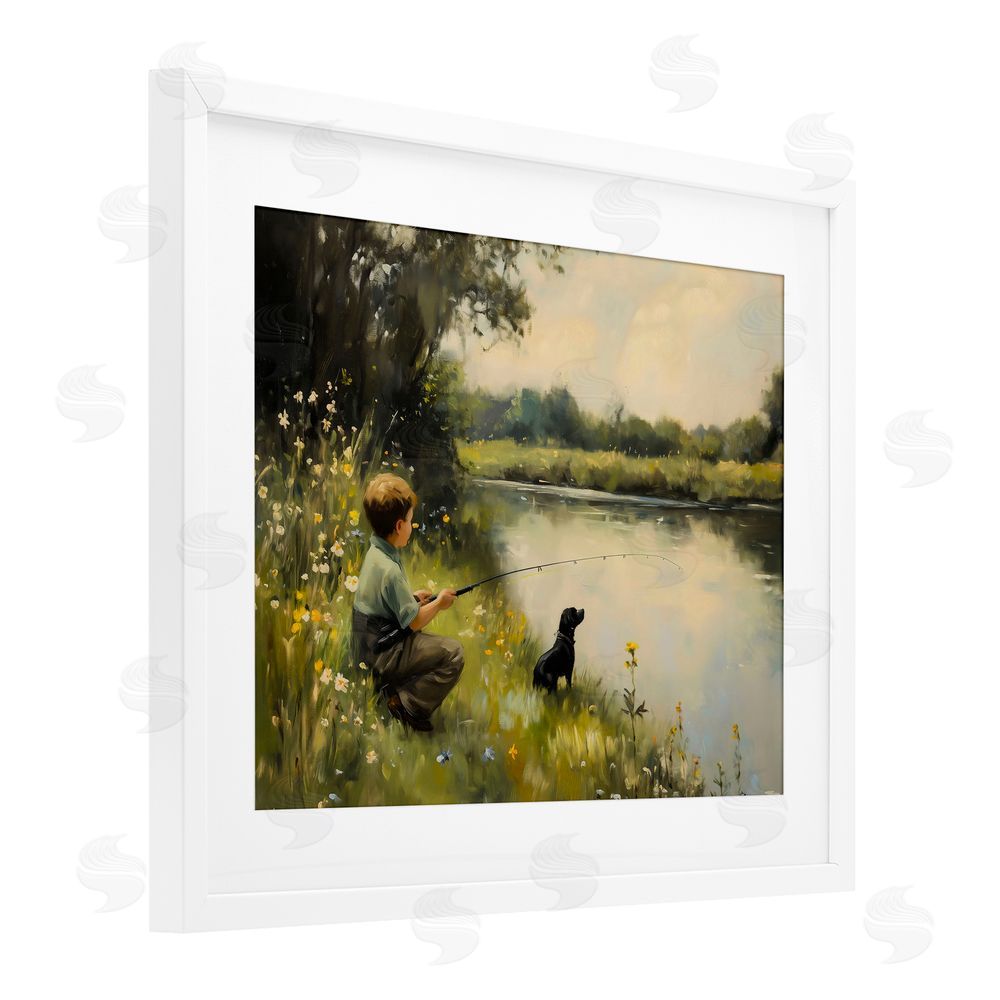 Arlington Prints Boy & Puppy Fishing White Framed Print Under Glass Wall Art