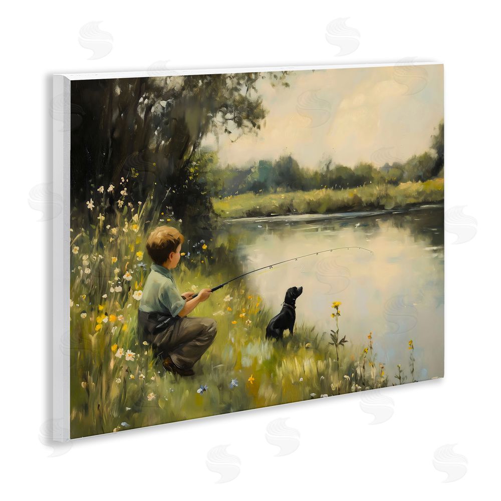 Arlington Prints Boy & Puppy Fishing Wooden Wall Plaque Art Print