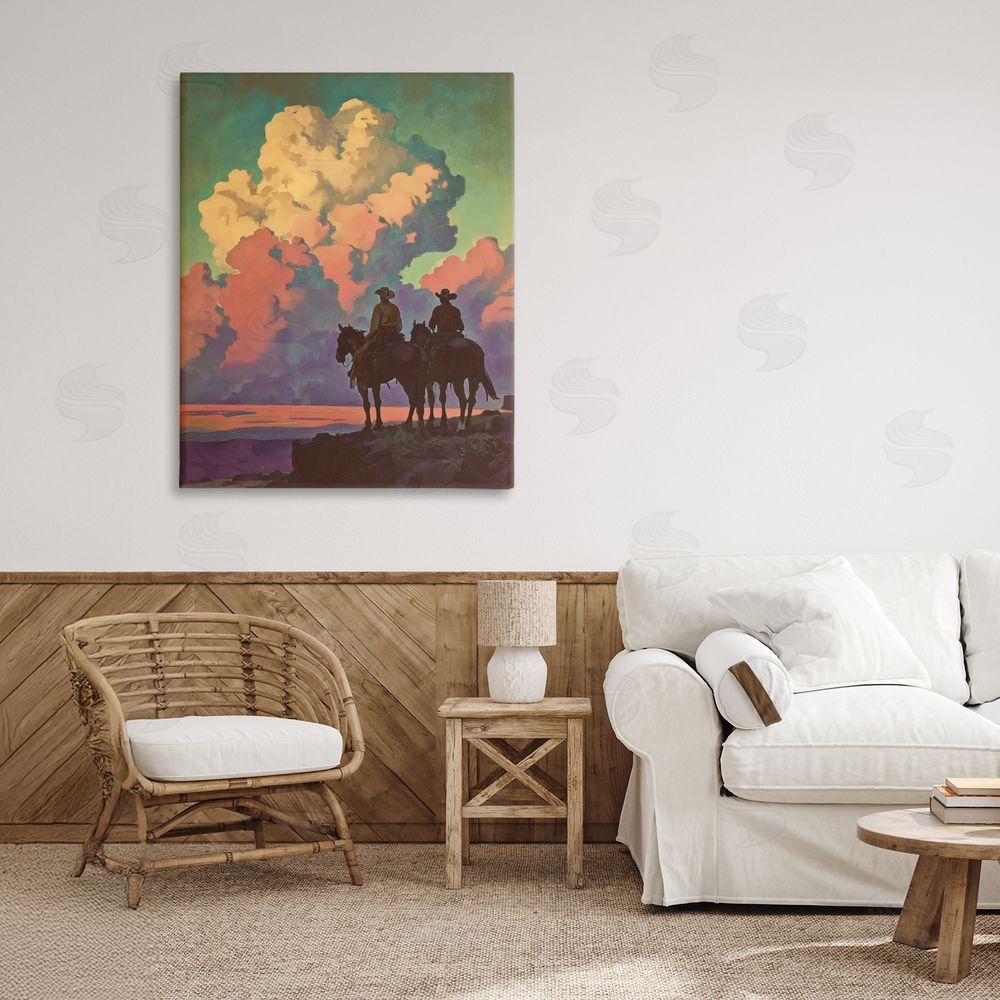 Arlington Prints Cowboys Silhouetted Against Clouds Stretched Canvas Wall Art in Room