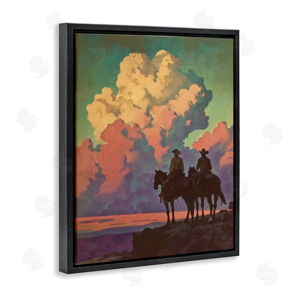 Arlington Prints Cowboys Silhouetted Against Clouds Black Floating Frame Canvas Wall Art Print