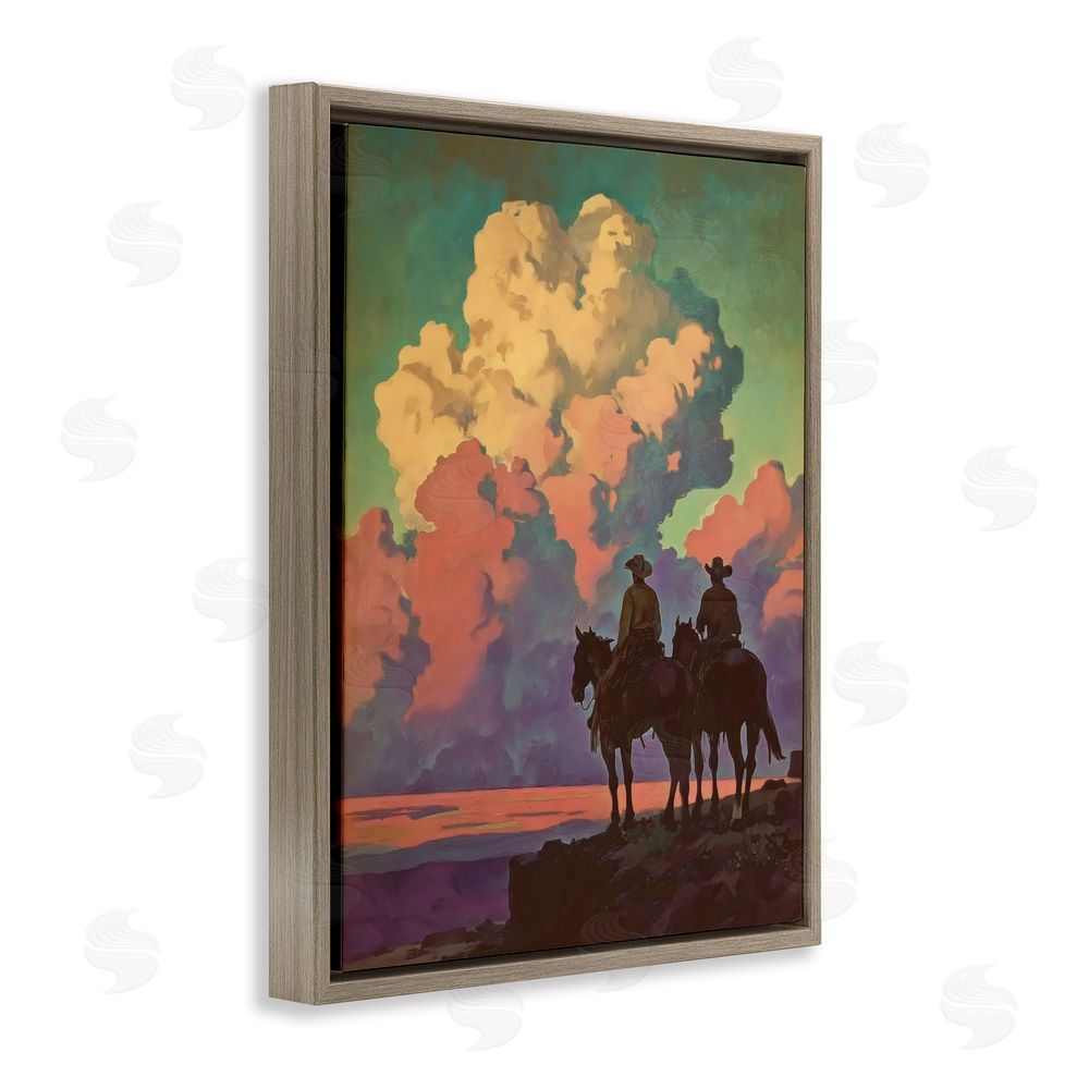 Arlington Prints Cowboys Silhouetted Against Clouds Brown Floating Frame Canvas Wall Art Print