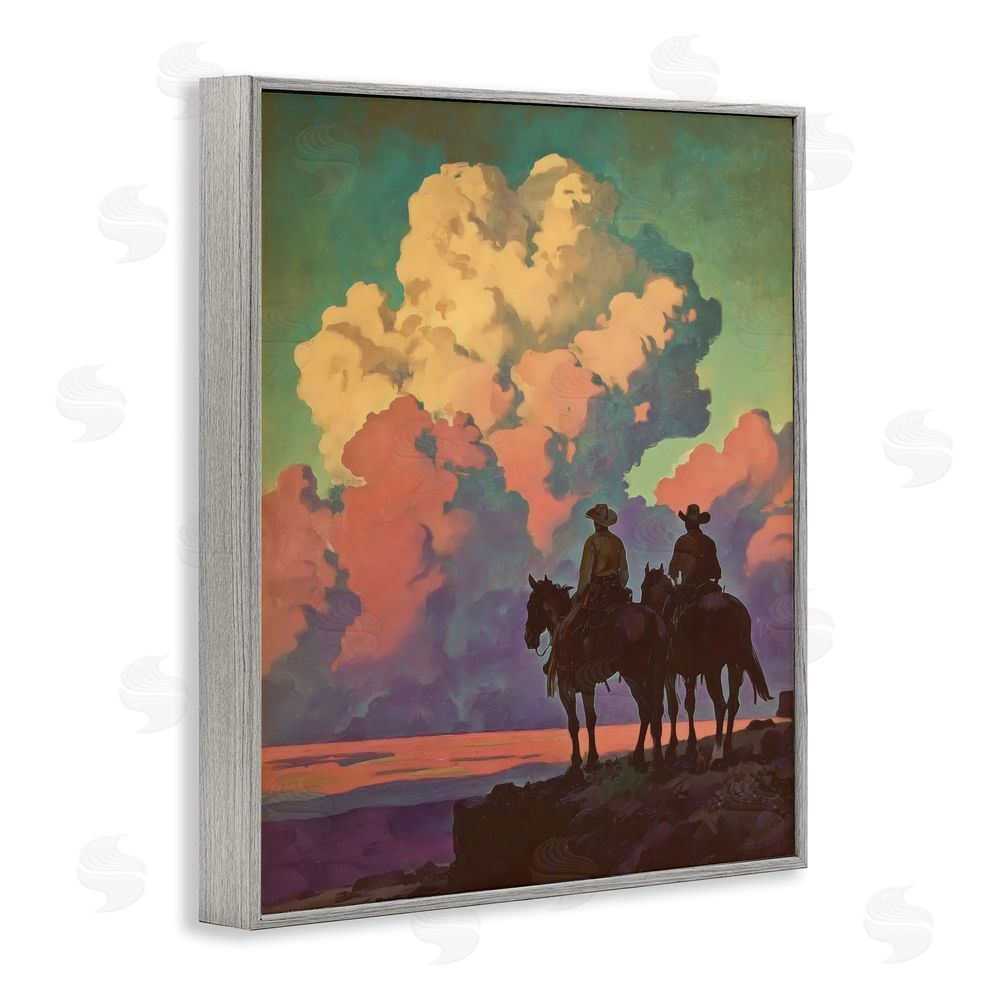 Arlington Prints Cowboys Silhouetted Against Clouds Gray Framed Giclee Wall Art Print