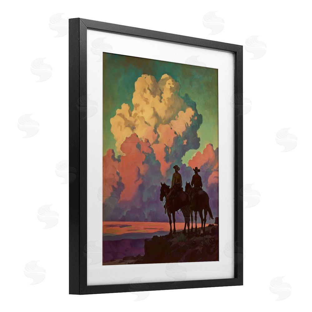 Arlington Prints Cowboys Silhouetted Against Clouds Black Framed Print Under Glass Wall Art