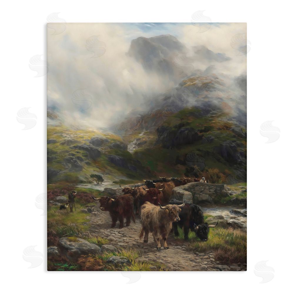 Arlington Prints Moody Highland Cows Herd Stretched Canvas Wall Art