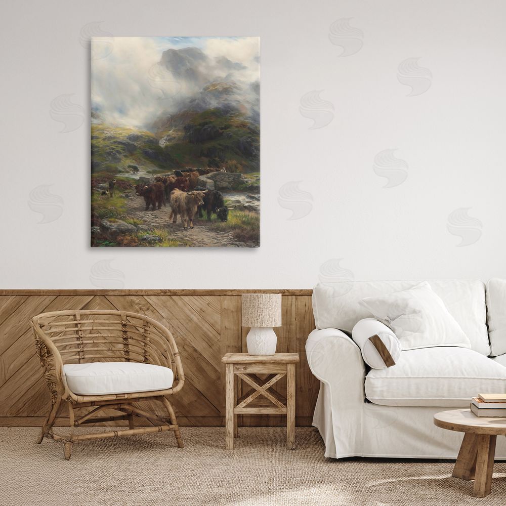 Arlington Prints Moody Highland Cows Herd Stretched Canvas Wall Art in Room