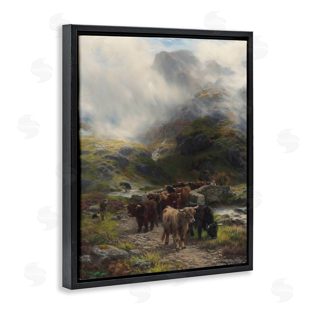 Arlington Prints Moody Highland Cows Herd Black Floating Framed Canvas Wall Art