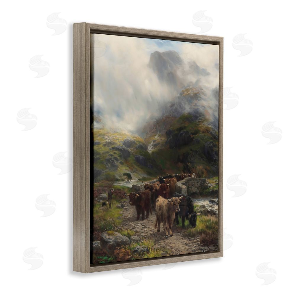 Arlington Prints Moody Highland Cows Herd Brown Floating Framed Canvas Wall Art