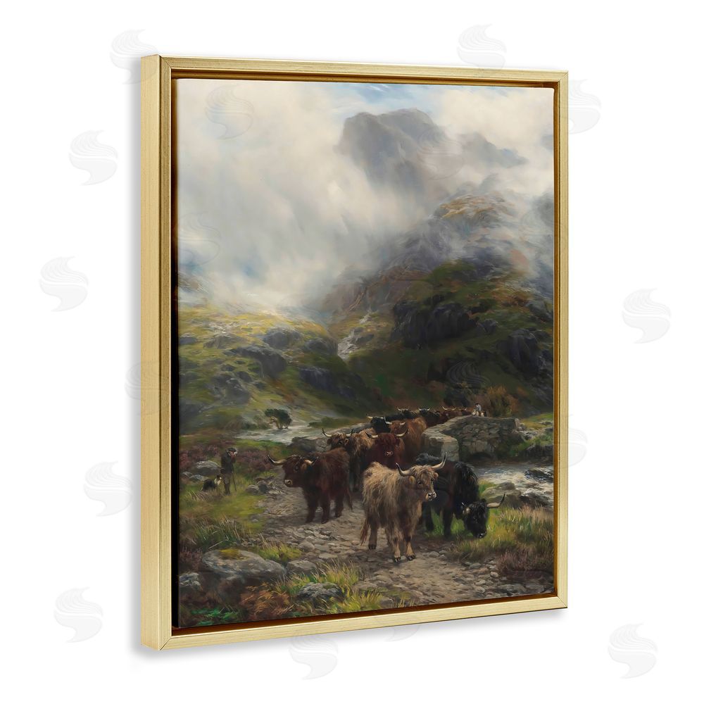 Arlington Prints Moody Highland Cows Herd Gold Floating Framed Canvas Wall Art