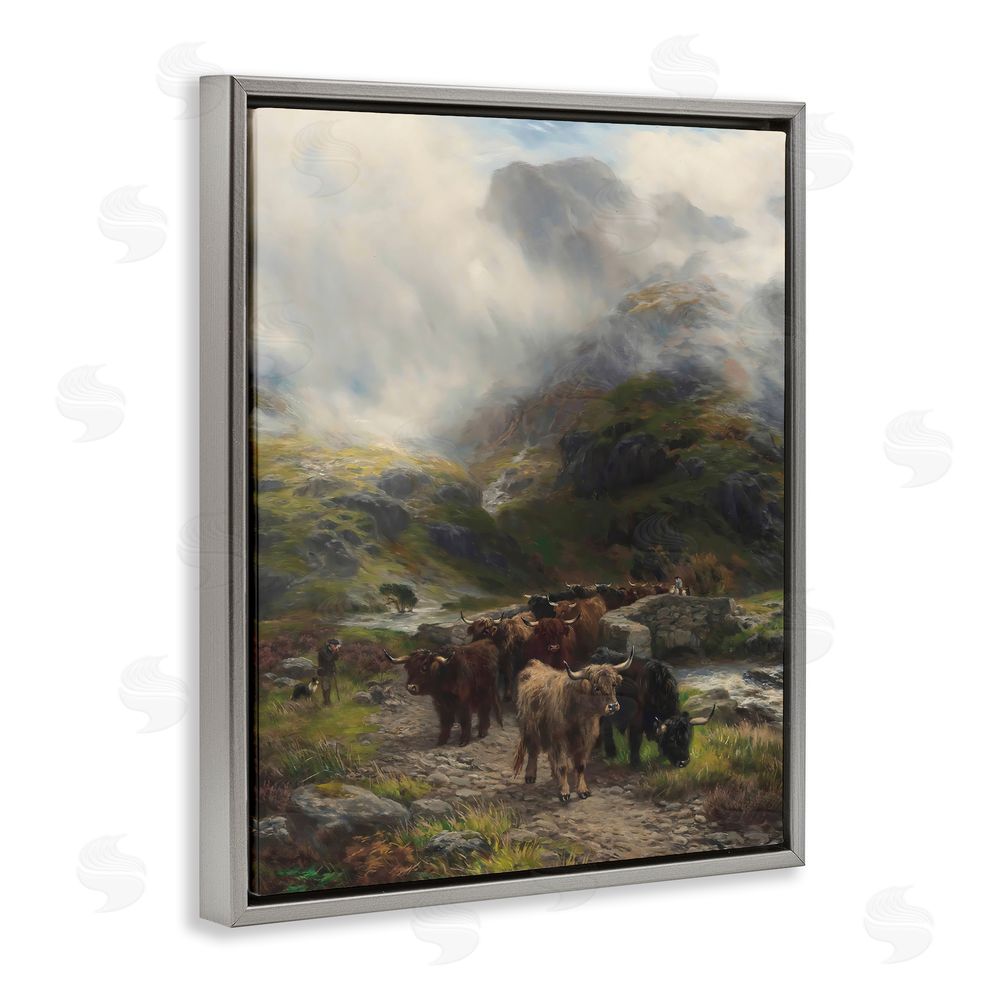 Arlington Prints Moody Highland Cows Herd Gray Floating Framed Canvas Wall Art