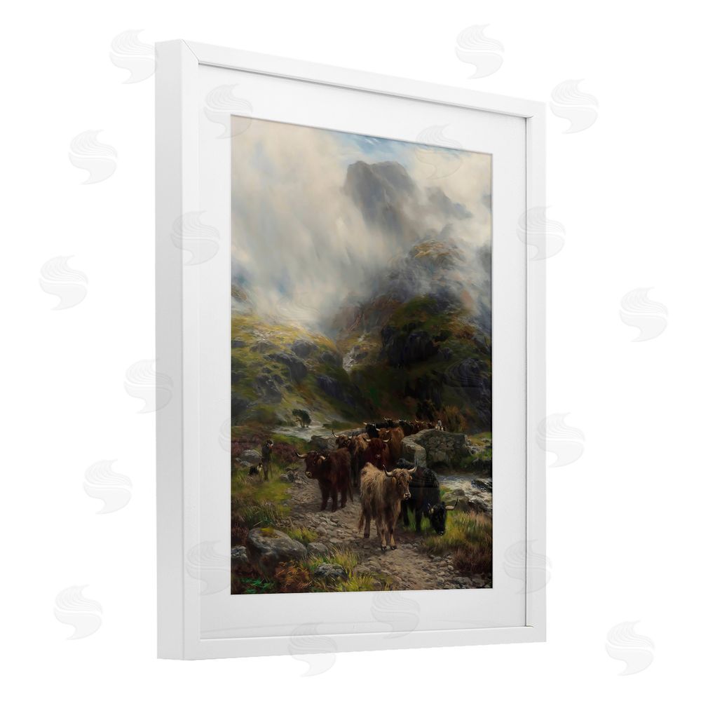 Arlington Prints Moody Highland Cows Herd White Framed Print Under Glass Wall Art