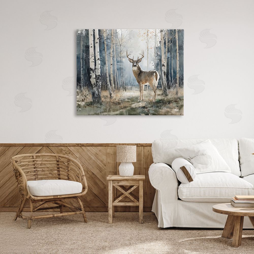 Franklyn Gregory Lone Stag in Birch Forest Stretched Canvas Wall Art in Room