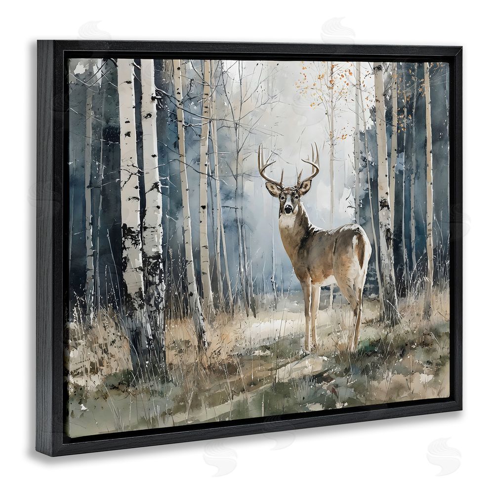 Franklyn Gregory Lone Stag in Birch Forest Black Floating Framed Canvas Wall Art