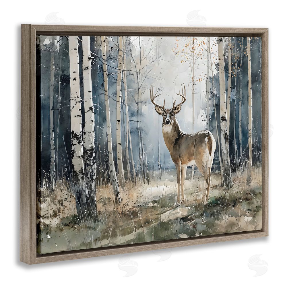 Franklyn Gregory Lone Stag in Birch Forest Brown Floating Framed Canvas Wall Art