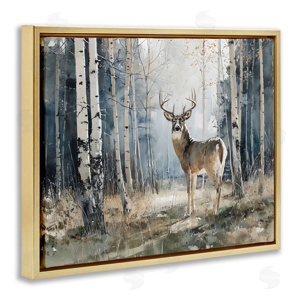 Franklyn Gregory Lone Stag in Birch Forest Gold Floating Framed Canvas Wall Art