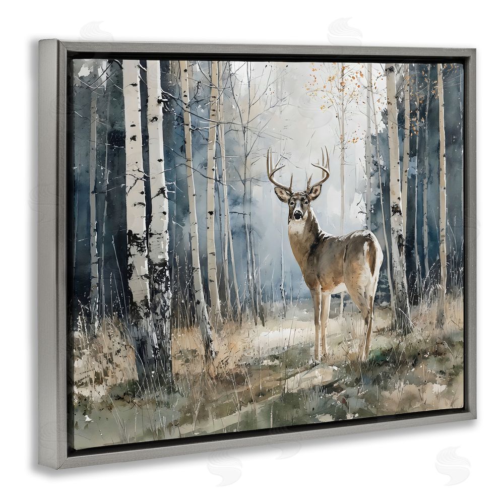 Franklyn Gregory Lone Stag in Birch Forest Gray Floating Framed Canvas Wall Art