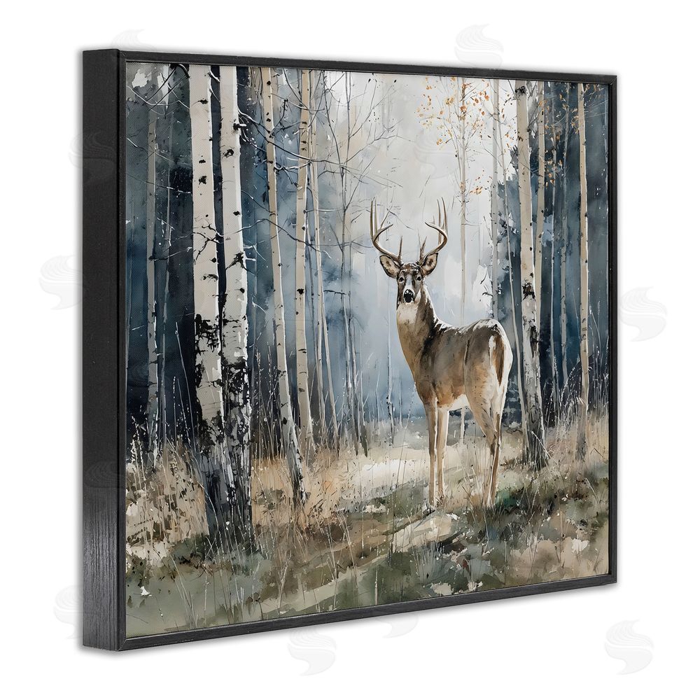 Franklyn Gregory Lone Stag in Birch Forest Black Framed Giclee Wall Art