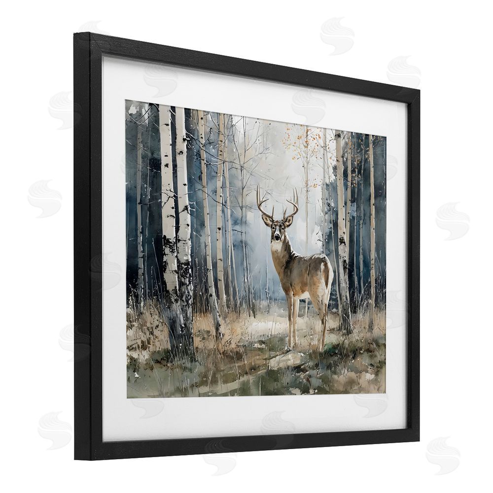 Franklyn Gregory Lone Stag in Birch Forest Black Framed Print Under Glass Wall Art