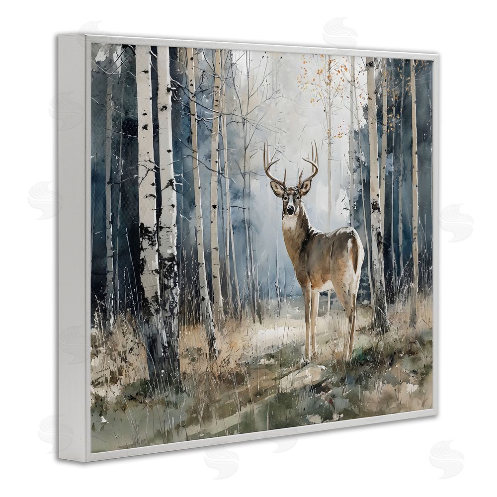 Franklyn Gregory Lone Stag in Birch Forest White Framed Giclee Wall Art
