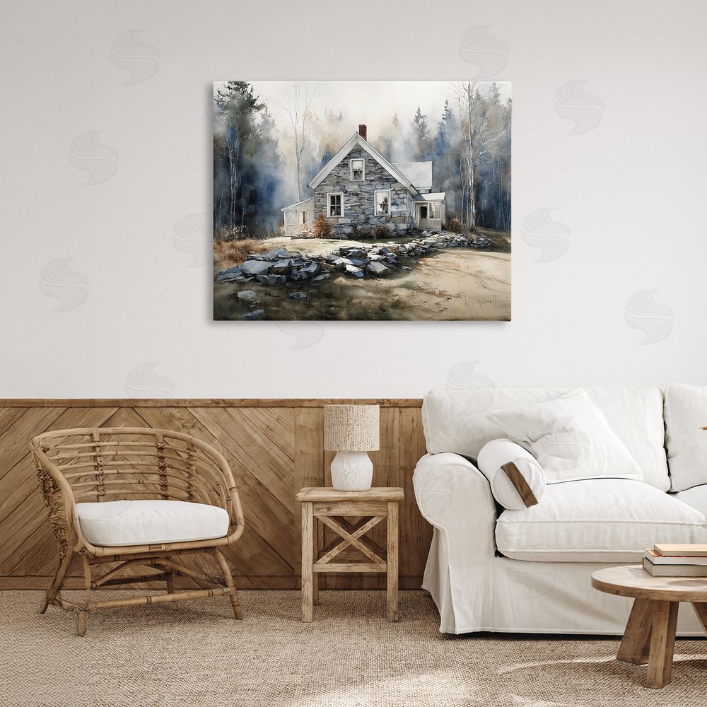 Franklyn Gregory Rustic Cottage Among the Trees Stretched Canvas Wall Art in Room