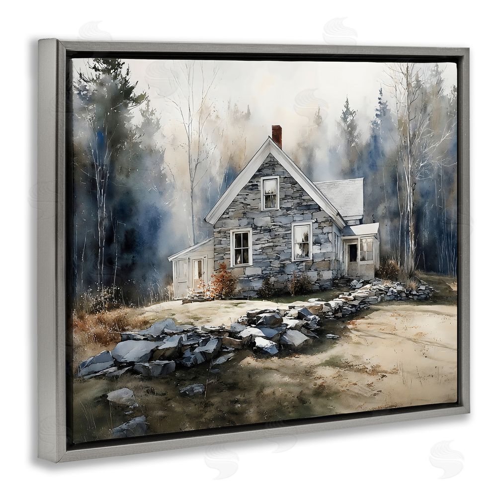Franklyn Gregory Rustic Cottage Among the Trees Gray Floating Framed Canvas Wall Art