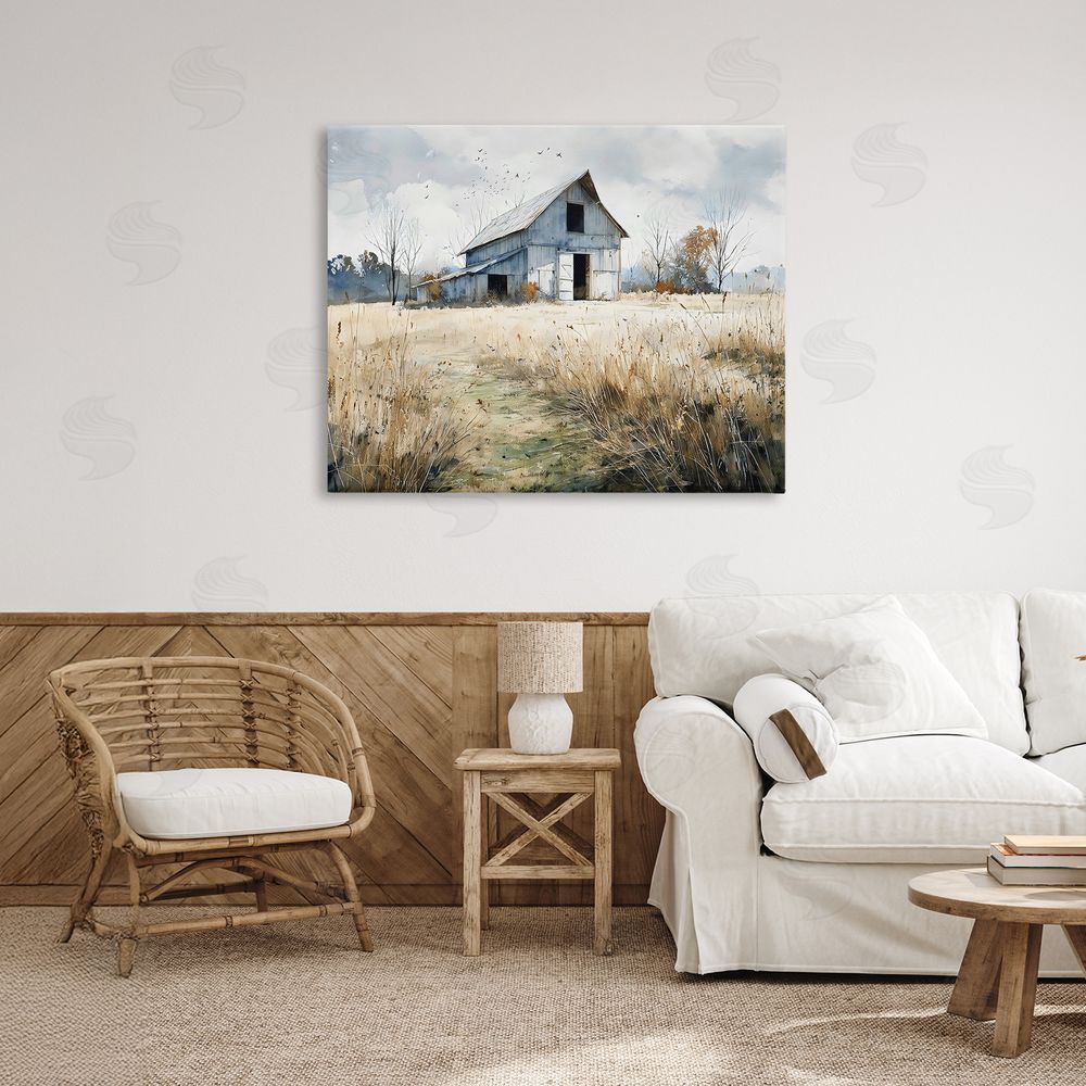 Franklyn Gregory Old Blue Barn in Farmland Stretched Canvas Wall Art in Room