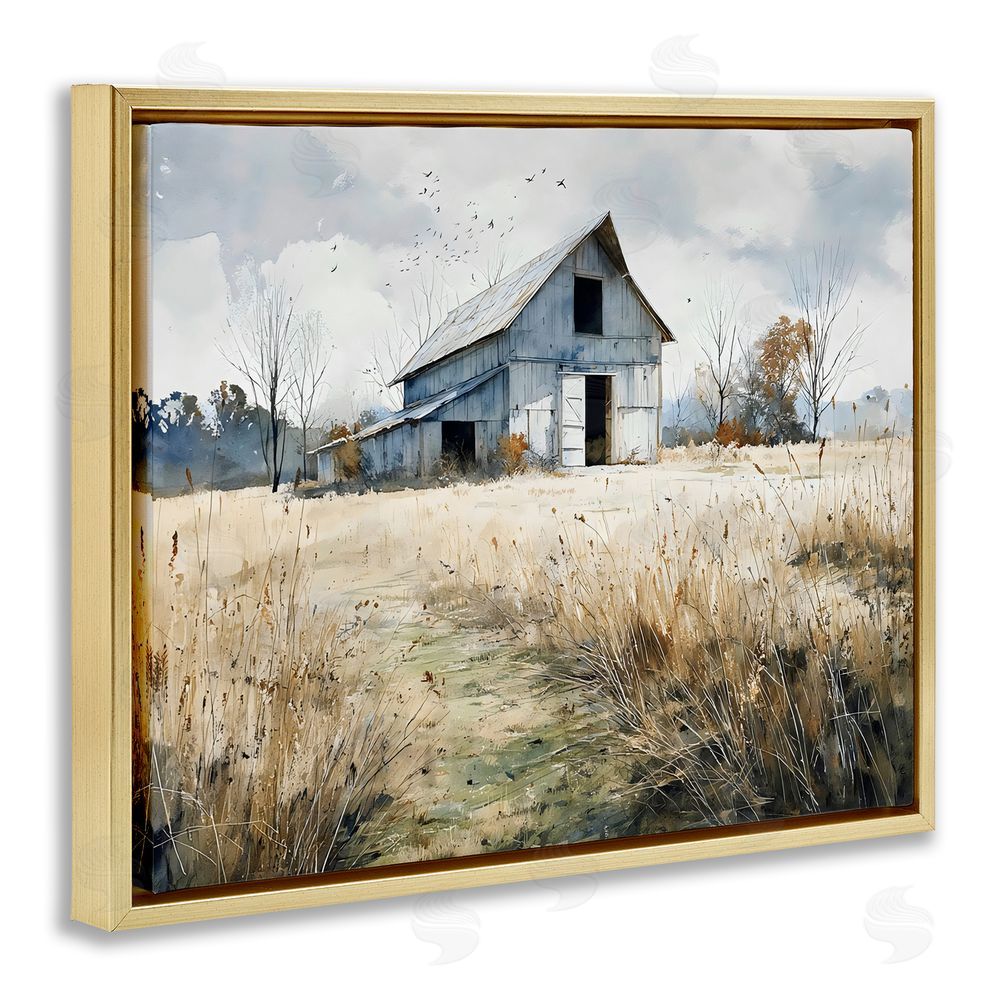 Franklyn Gregory Old Blue Barn in Farmland Gold Floating Framed Canvas Wall Art