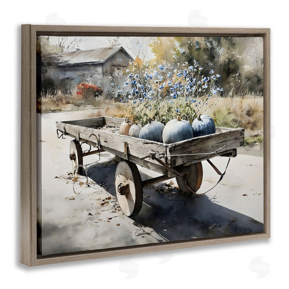 Franklyn Gregory Blue Pumpkin Wagon in Sunlight Brown Floating Frame Stretched Canvas Wall Art Print