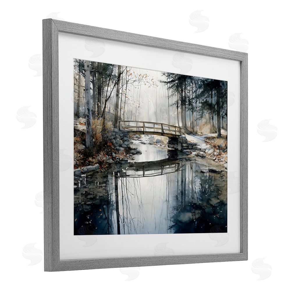 Franklyn Gregory Stone Bridge over Stream Gray Framed Print Under Glass with White Mat Wall Art