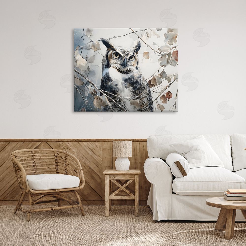 Franklyn Gregory Horned Owl Perched Stretched Canvas Wall Art in Room