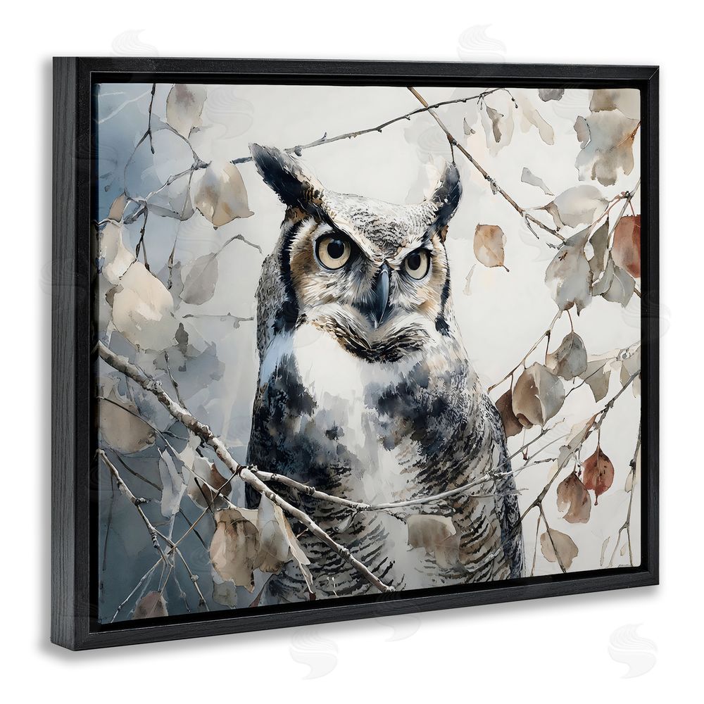 Franklyn Gregory Horned Owl Perched Black Floating Framed Canvas Wall Art