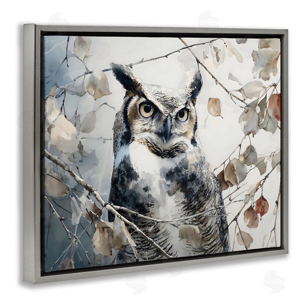 Franklyn Gregory Horned Owl Perched Gray Floating Framed Canvas Wall Art