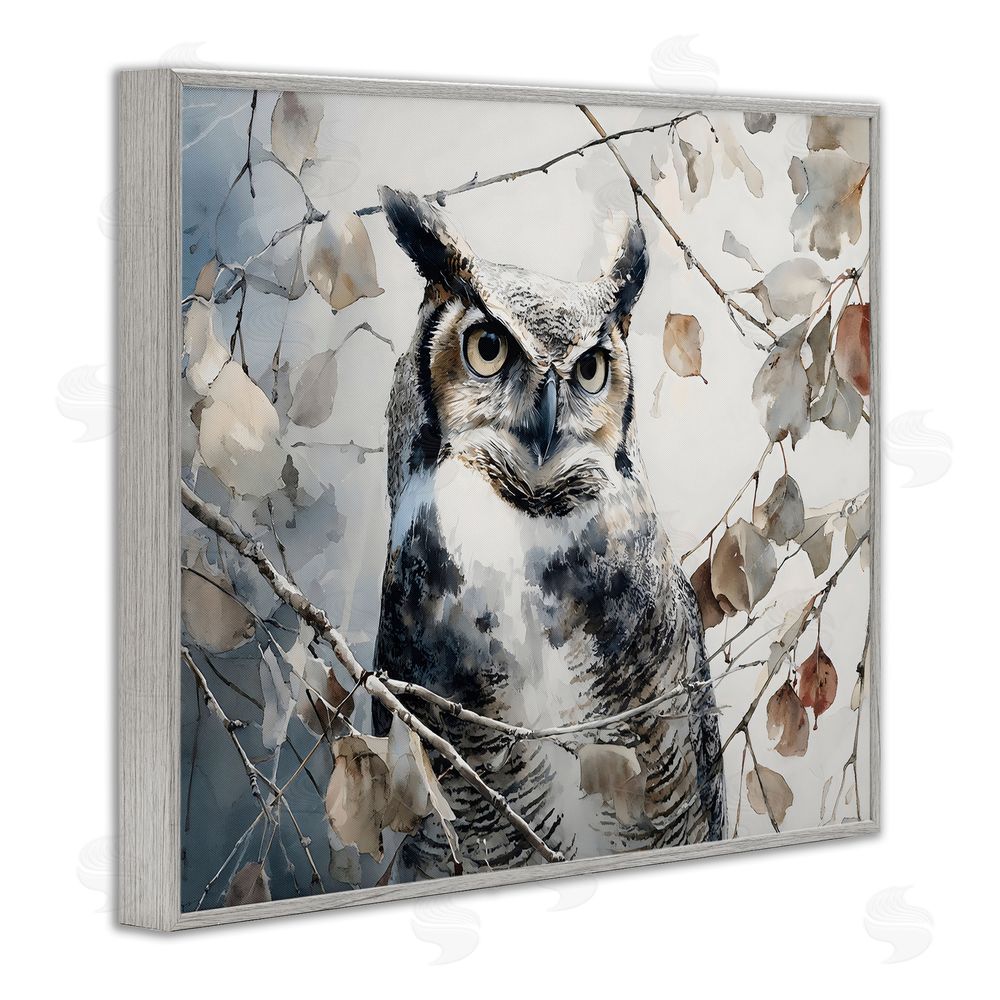 Franklyn Gregory Horned Owl Perched Gray Framed Giclee Wall Art