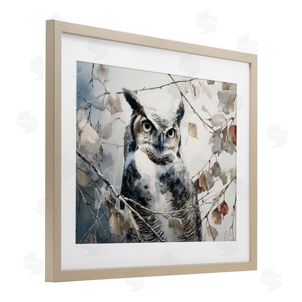 Franklyn Gregory Horned Owl Perched Brown Framed Print Under Glass Wall Art