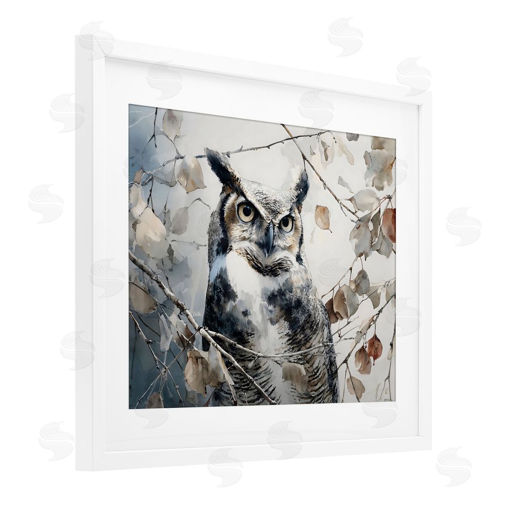 Franklyn Gregory Horned Owl Perched White Framed Print Under Glass Wall Art