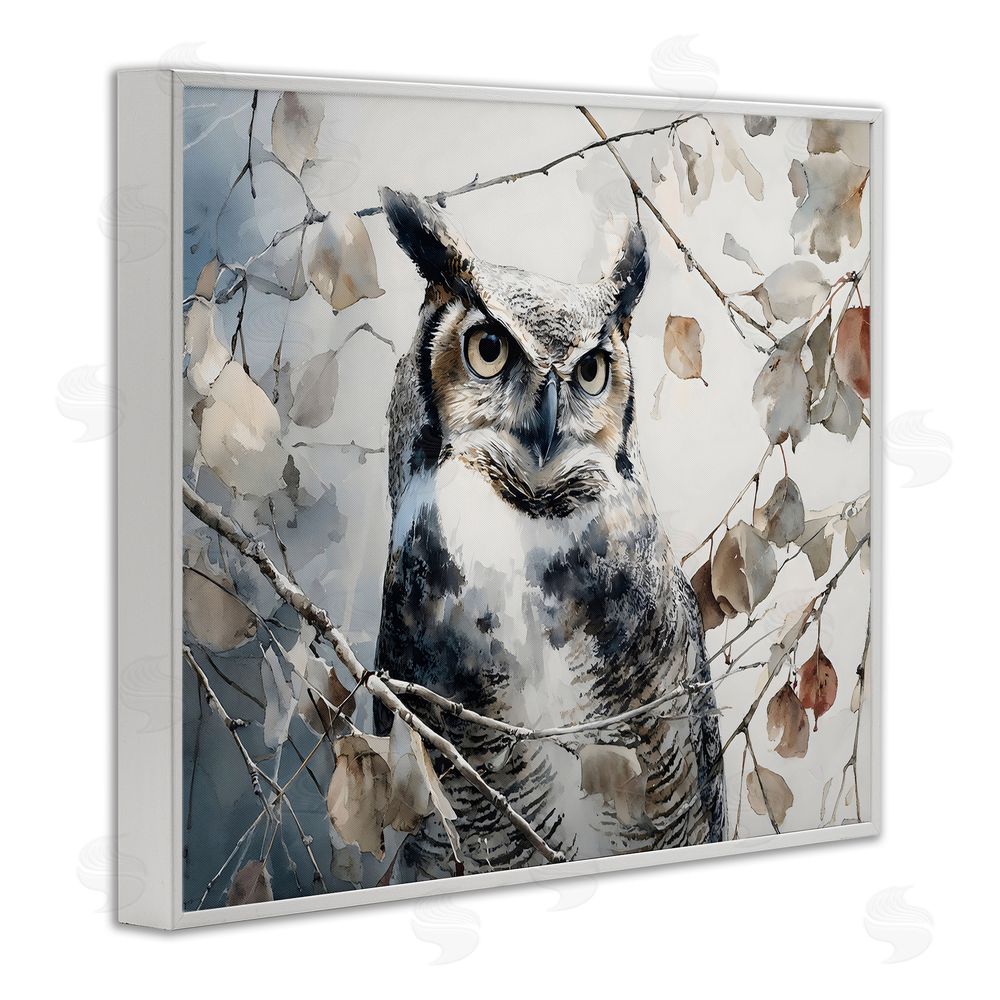 Franklyn Gregory Horned Owl Perched White Framed Giclee Wall Art