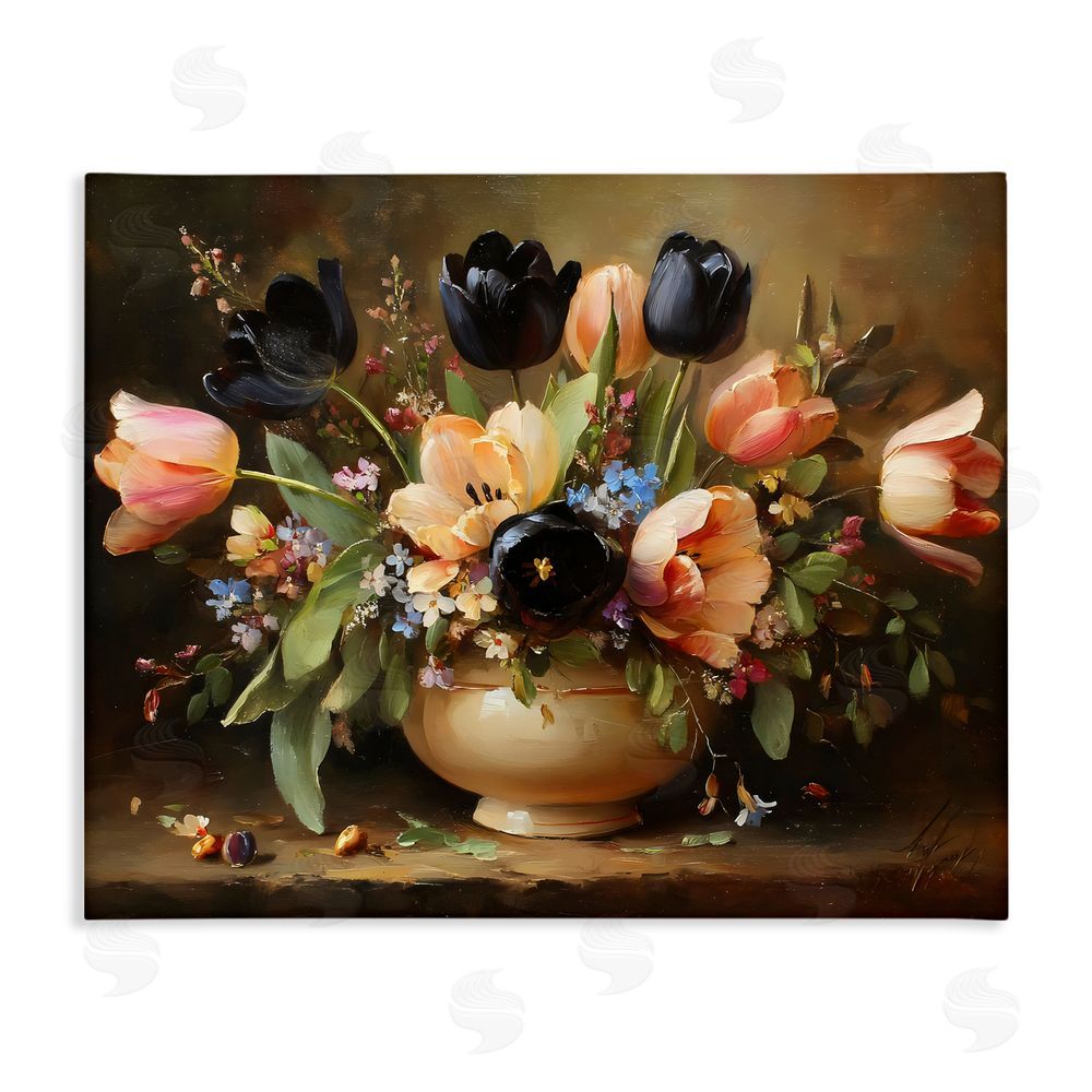 Franklyn Gregory Black Tulips & Peach Bouquet Stretched Canvas Wall Art Print